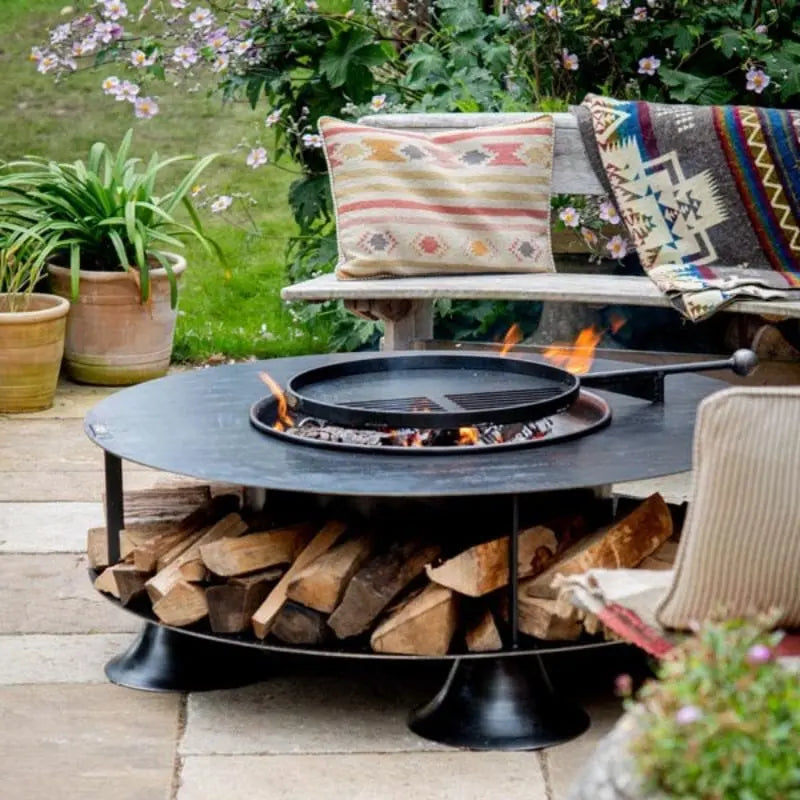 Firepits UK Flat Ring of Logs 120 Fire Pit With Swing Arm BBQ Rack