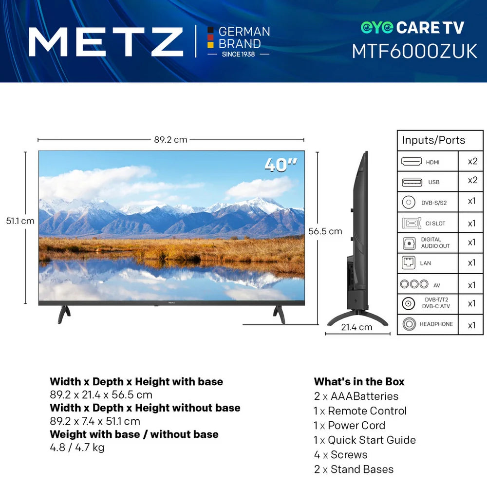 Metz 40MTF6000ZUK 40 Inch 2K DLED HD Smart TV with Freely 2025