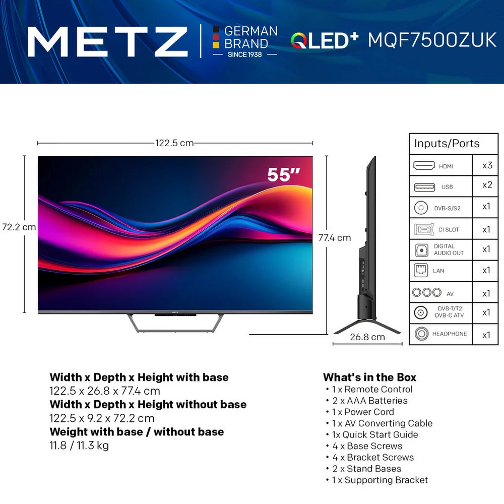 Metz 55MQF7500ZUK 55 Inch MQF7500Z 4K Ultra HD HDR QLED Smart TV 2025