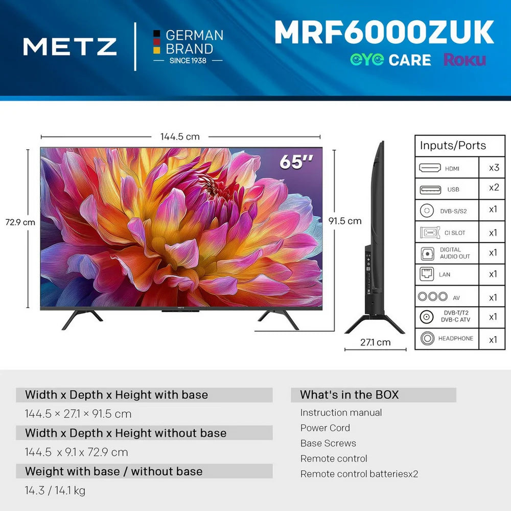 Metz 65MRF6000ZUK 65 Inch MRF6000Z 4K Ultra HD HDR DLED Smart TV with Freely 2025