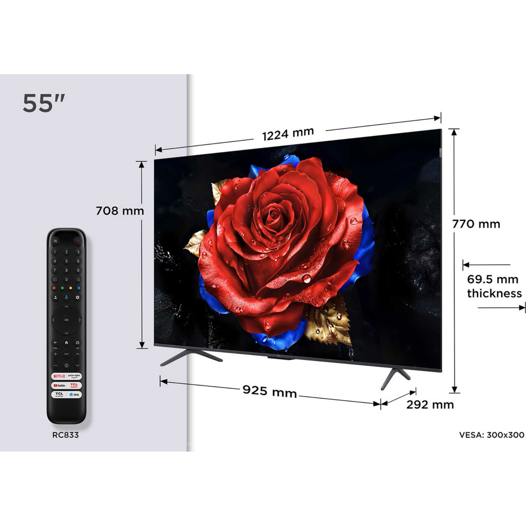 TCL 55T8C-UK 55 Inch T8C 4K QLED Ultra HD HDR Smart Google TV with 144Hz Motion Clarity Pro and Onkyo 2.1 sound