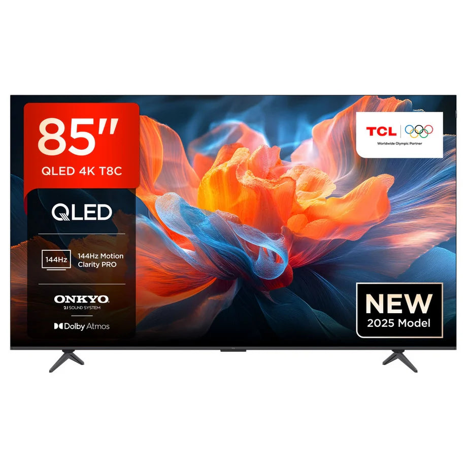 TCL 85T8C-UK 85 Inch T8C 4K QLED Ultra HD HDR Smart Google TV with 144Hz Motion Clarity Pro and Onkyo 2.1 sound 2025
